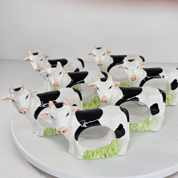 Cow Holstein Dairy Napkin Rings Ceramic Set Of 7 Kitsch Farm *Flaws* - Picture 2 of 9